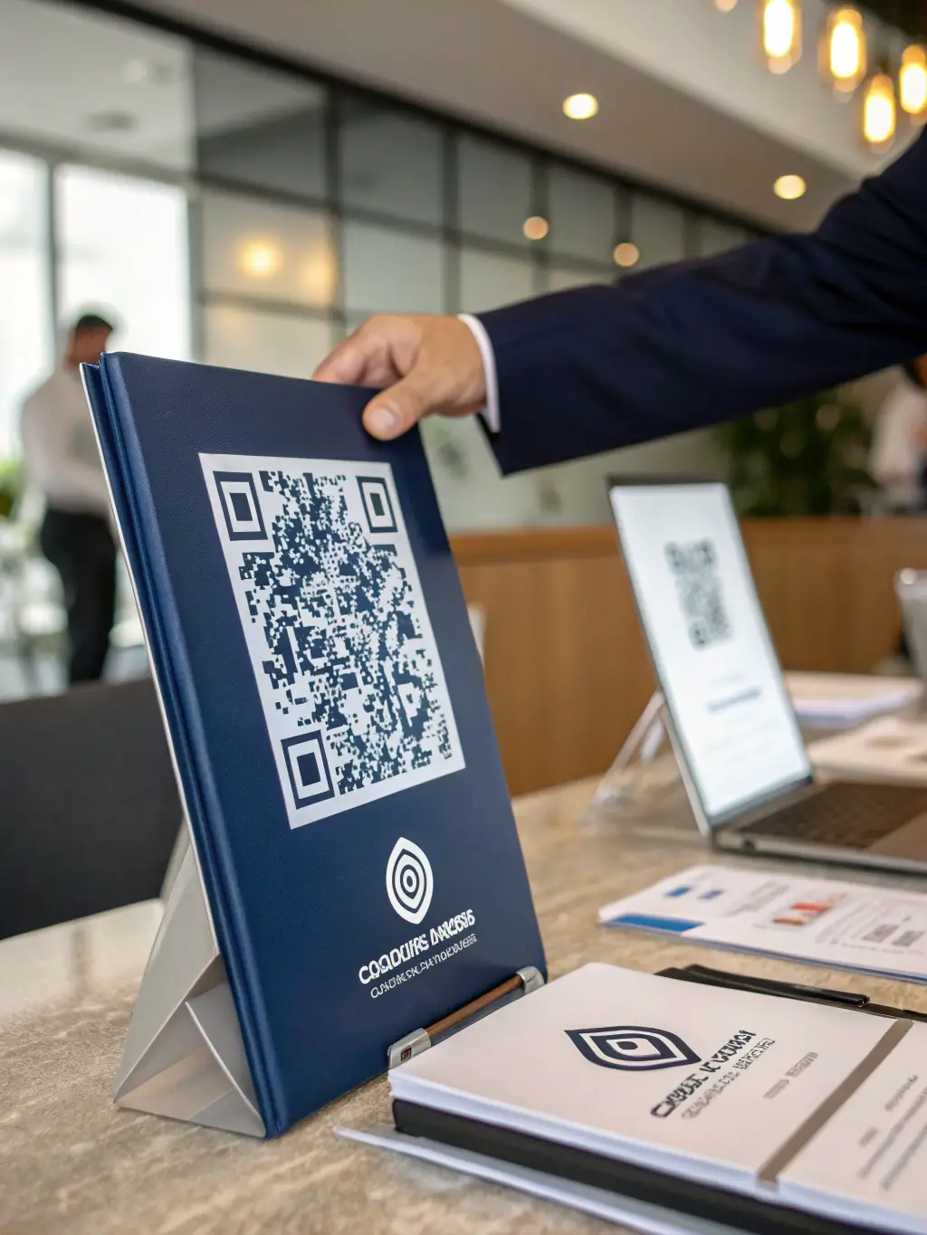 A business professional sharing an e-brochure via email and QR code, highlighting the ease of digital distribution.
