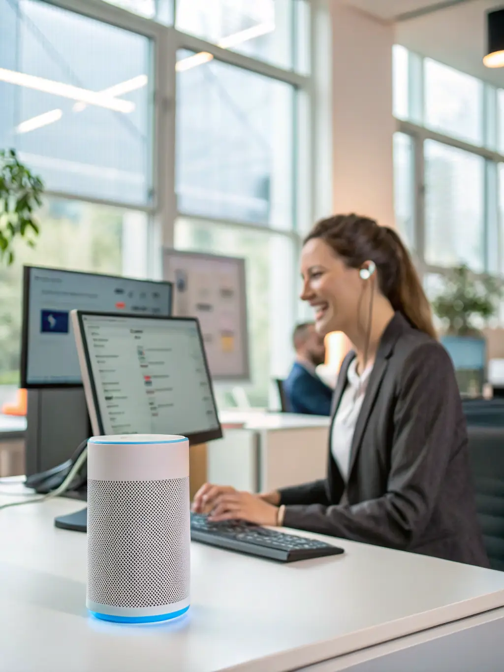 A night-time office scene with a glowing computer screen displaying an active chatbot, symbolizing 24/7 customer support availability.