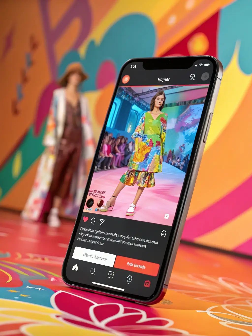 A vibrant digital flyer displayed on a smartphone screen, featuring animated graphics and a play button, symbolizing interactive speaking visuals for marketing.