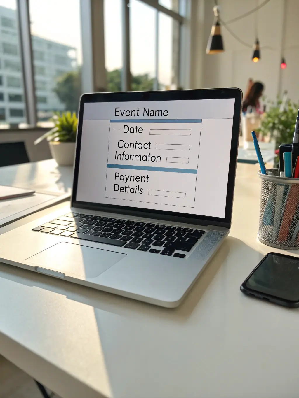 A close-up screenshot of a modern online booking form on a laptop screen, showing fields for name, service selection, and preferred date, with a clean and intuitive layout suitable for a website services business.