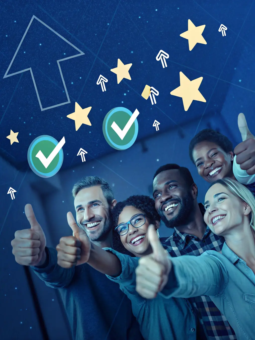 A group of diverse customers reacting positively to an E Flyer, with animated thumbs-up and heart icons floating above their devices.