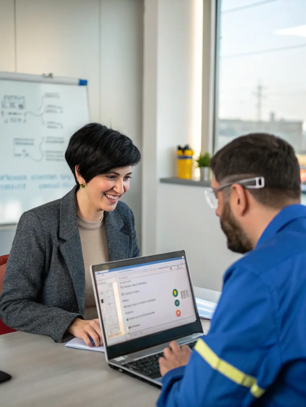 A friendly consultant and a client sitting at a desk with a laptop, discussing website ideas and branding strategies, in a modern office setting, representing a free consultation service.