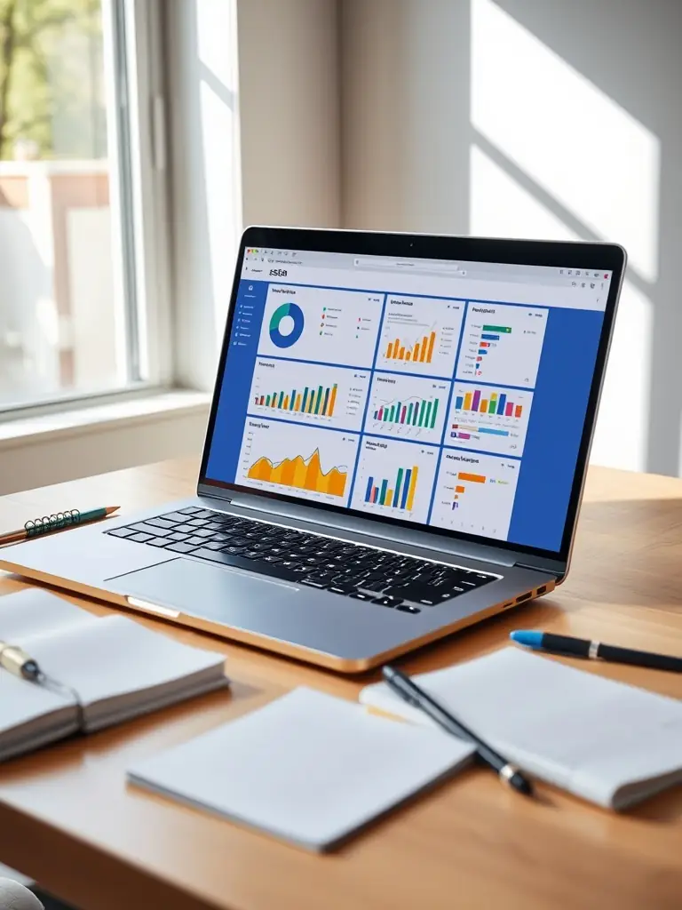A creative workspace with a laptop showing SEO analytics, branding materials, and a notepad with numerology notes, representing branding and SEO support.