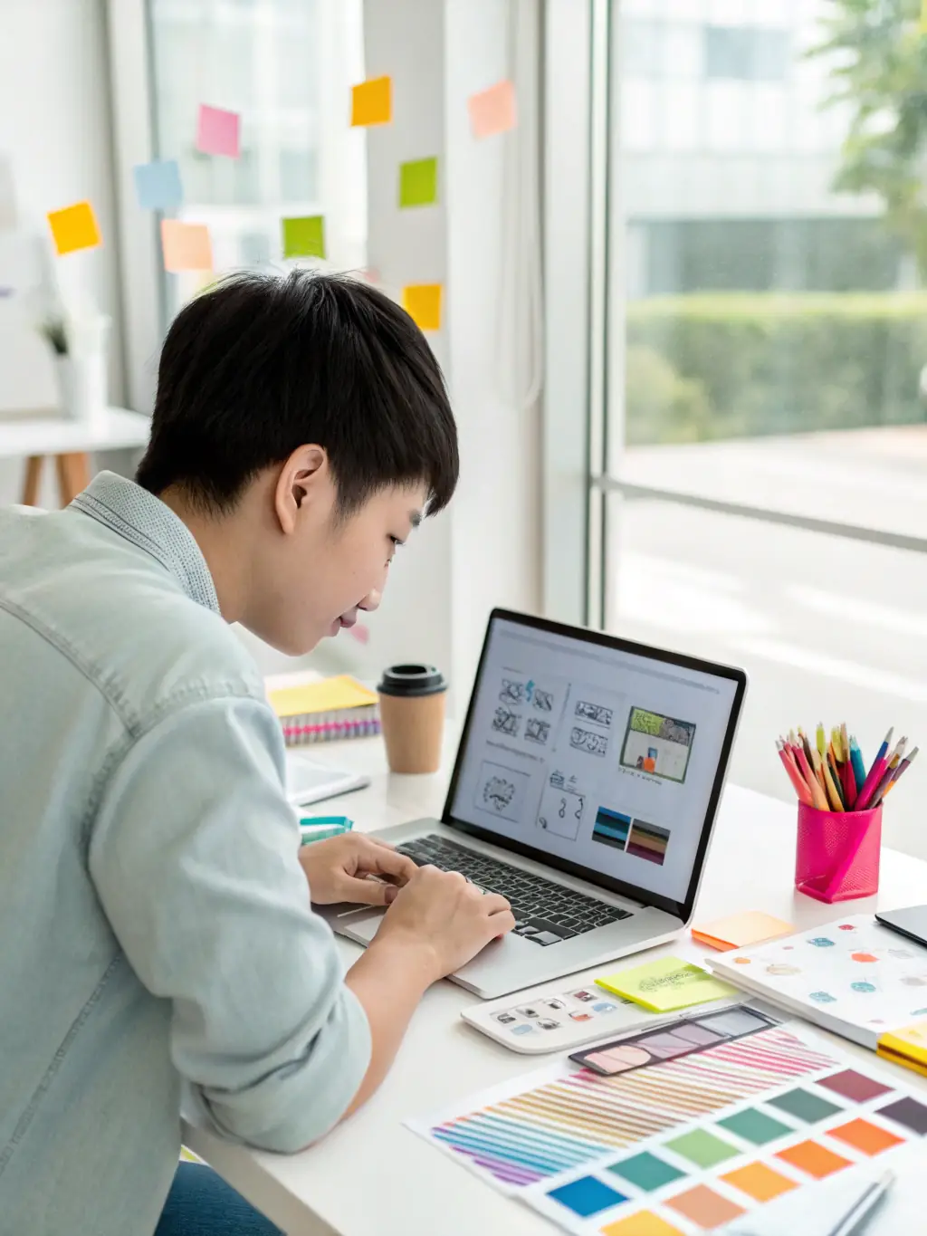A designer customizing an e-brochure on a laptop, with branding elements and color palettes visible, illustrating the flexibility of design options.