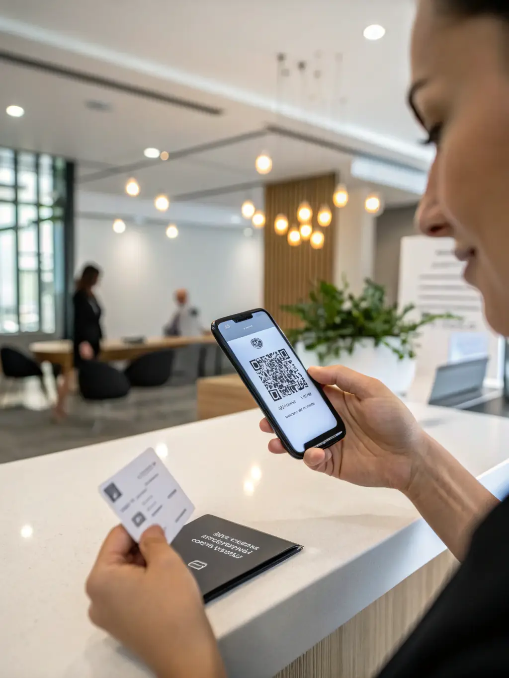 A smartphone displaying a digital business card with a prominent QR code, set against a clean, professional background, illustrating instant sharing capabilities for business networking.