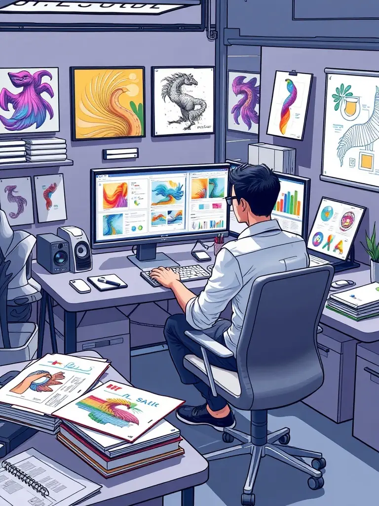 A creative workspace with a designer uploading a custom rubber stamp design on a website, with social media icons floating above, showing seamless integration of digital tools.