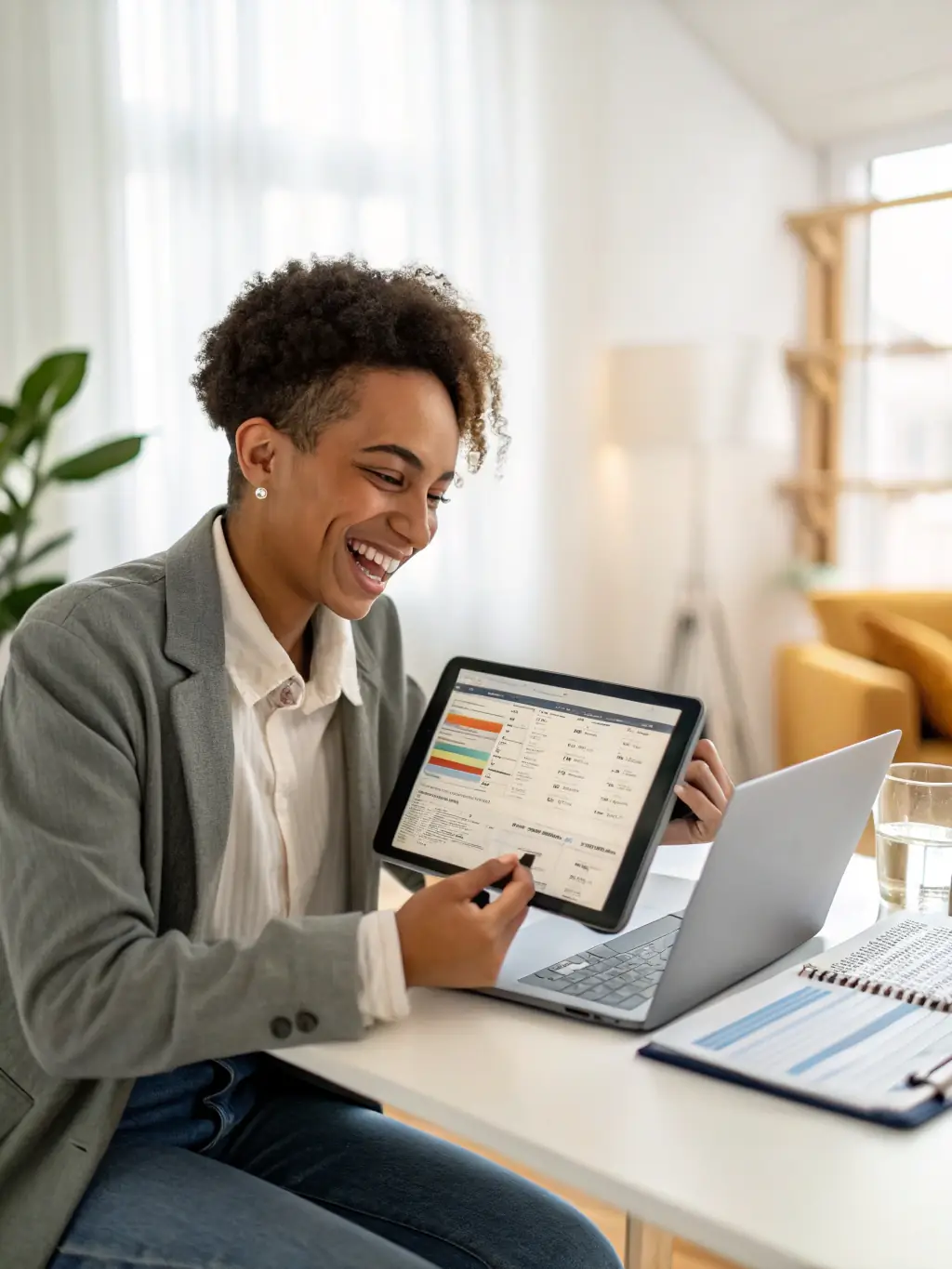 A business owner smiling while reviewing an E Flyer on a tablet, with speech bubbles and icons representing clear communication and easy sharing.