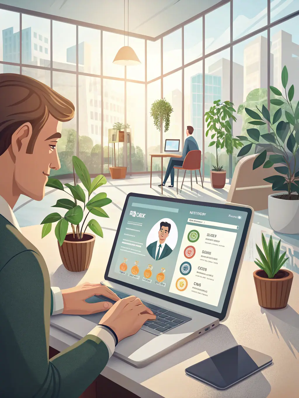 A customizable digital business card template on a laptop screen, showing options for adding a profile photo, logo, and social media links.