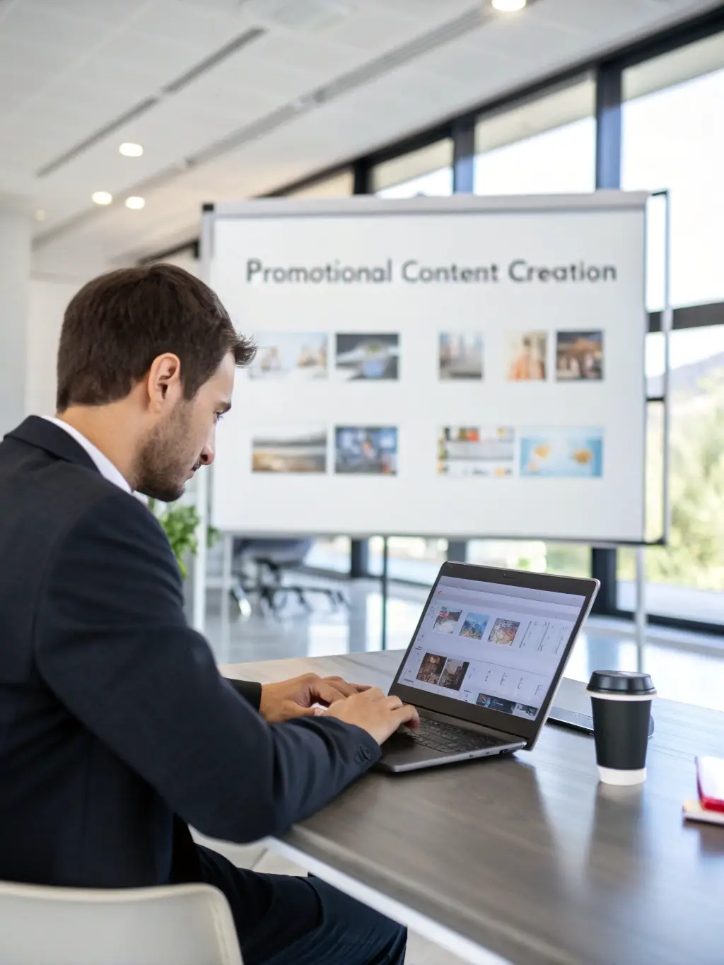 A business owner reviewing an engaging AI-generated marketing video on a laptop, with website and rubber stamp samples visible on the desk, in a bright office setting.