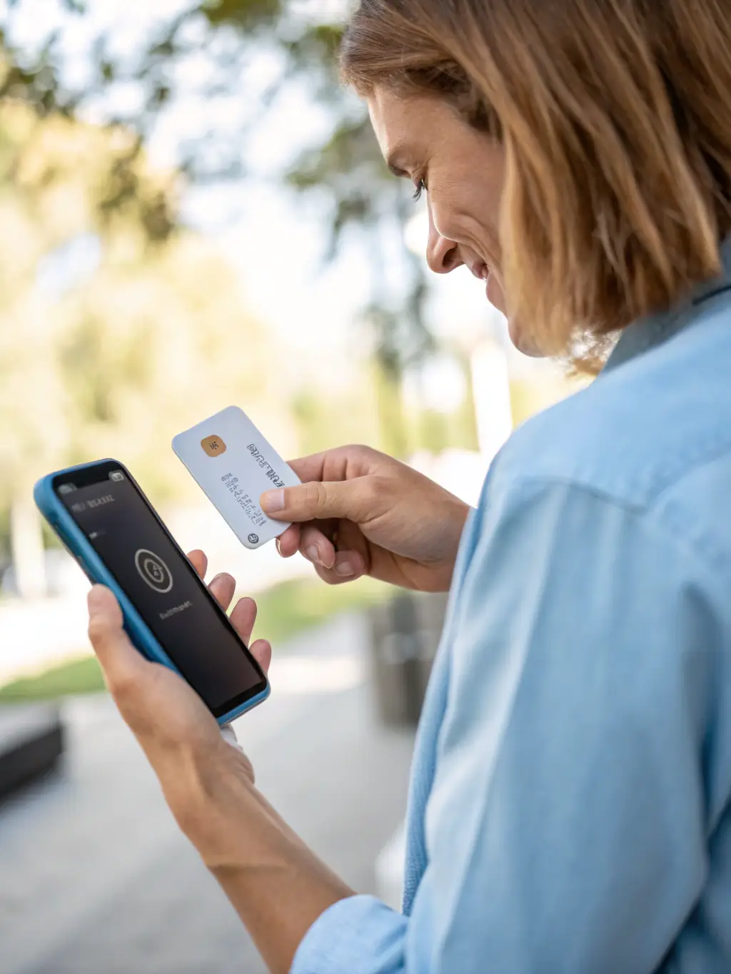 A hand holding a phone, tapping 'Add to Contacts' on a digital business card interface, with a clear focus on the contact-saving feature.