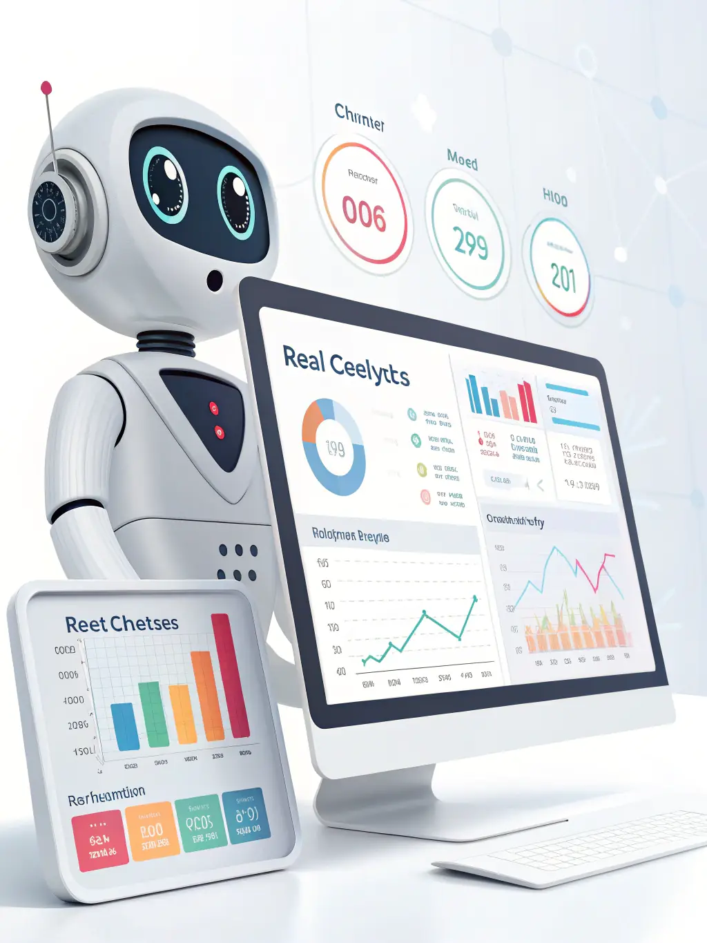 A digital dashboard showing chatbot analytics, with charts and graphs indicating increased efficiency and reduced response times for business inquiries.