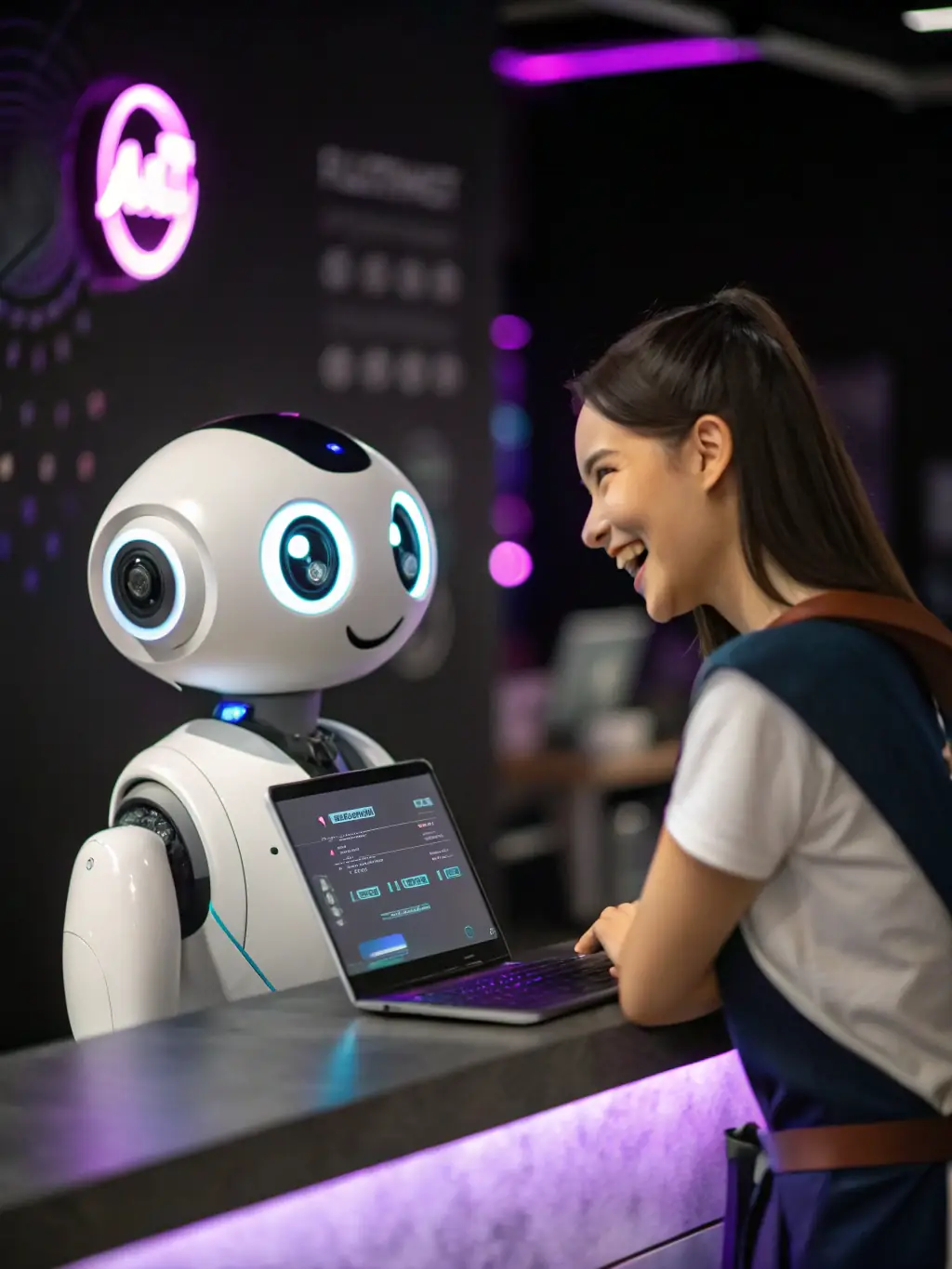 A friendly AI chatbot icon on a website homepage, engaging with a visitor through a chat window, representing instant customer interaction for small businesses.